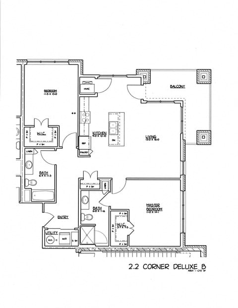 Floor plan for 2 beds, 2 baths, 1202 sqft